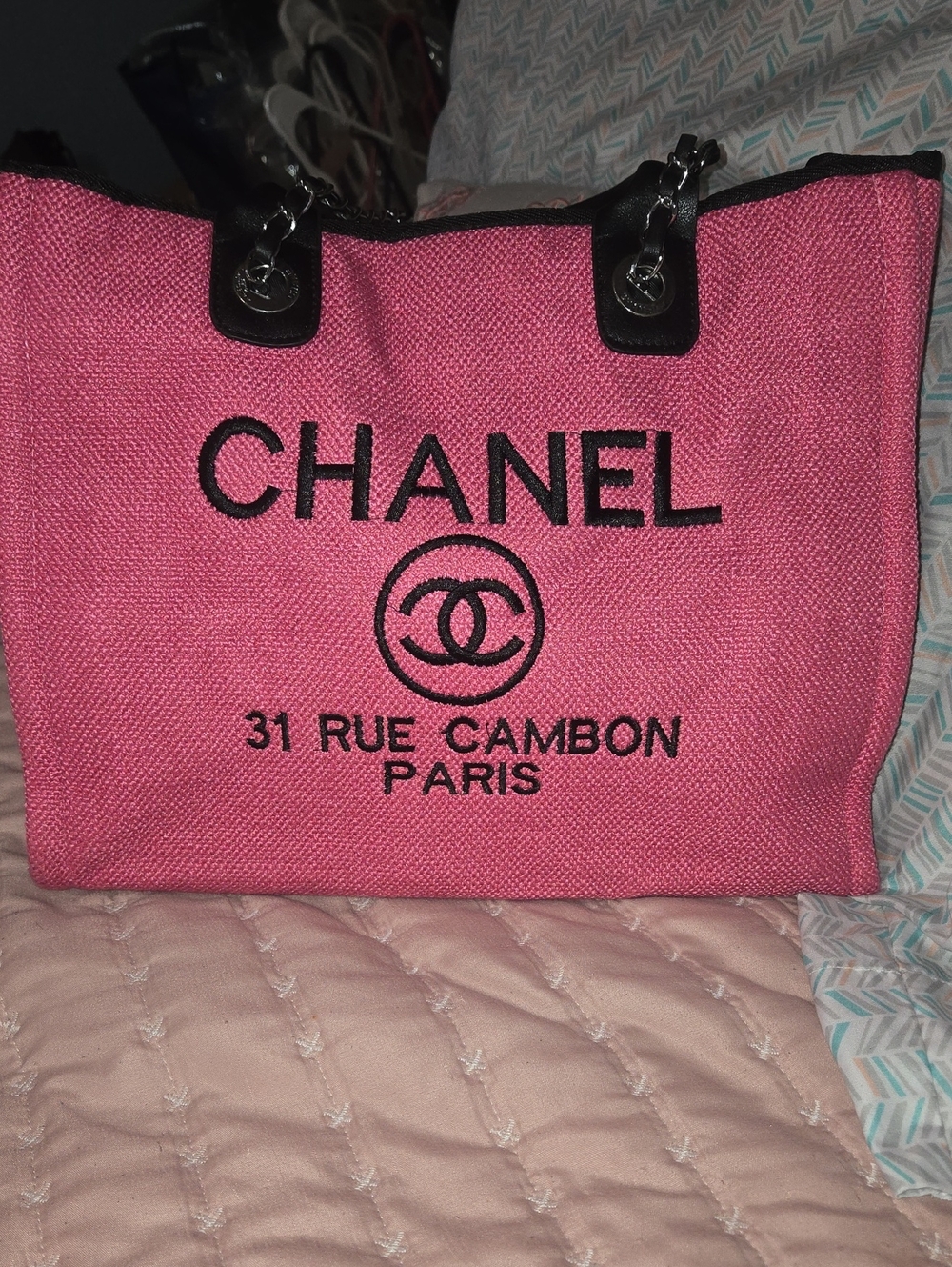 CHANEL Pink Canvas Tote with Black Logo and Trim